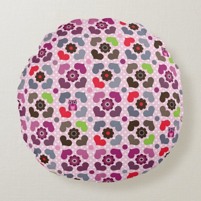 pink flowers and owls pattern round pillow (Front)