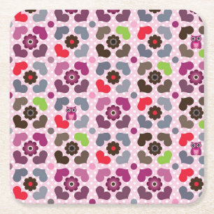 pink flowers and owls pattern square paper coaster