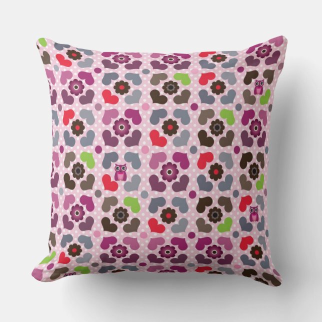 pink flowers and owls pattern throw pillow (Front)