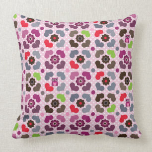 pink flowers and owls pattern throw pillow
