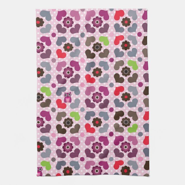 pink flowers and owls pattern towel (Vertical)