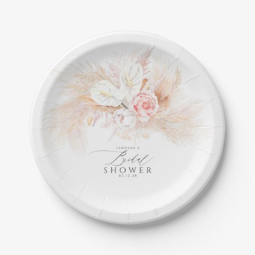 Pink Flowers and Pampas Grass Bridal Shower Paper Plates