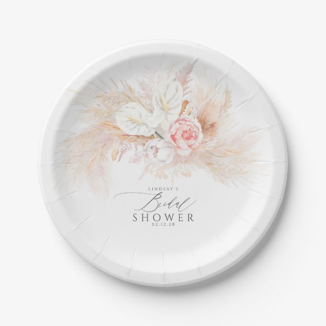 Pink Flowers and Pampas Grass Bridal Shower Paper Plates (Front)