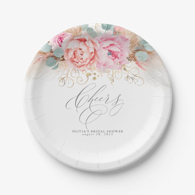 Pink Flowers and Pampas Grass Cheers Paper Plates (Front)