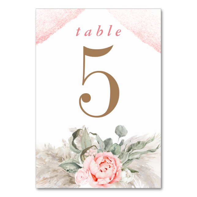 Pink Flowers and Pampas Grass Elegant Table Number (Front)