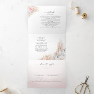 Pink Flowers and Pampas Grass Elegant Wedding Tri-Fold Invitation