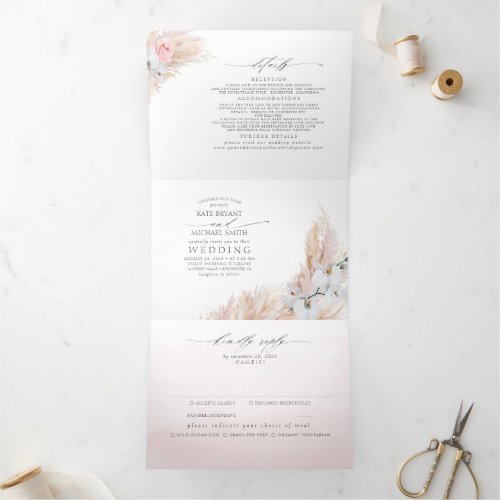 Pink Flowers and Pampas Grass Elegant Wedding Tri_Fold Invitation