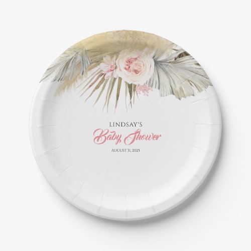 Pink Flowers and Pampas Grass Exotic Tropical Paper Plates