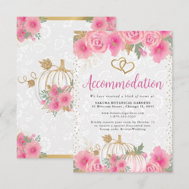 Pink Flowers and Pumpkin Wedding Accommodation Enclosure Card (Front/Back)
