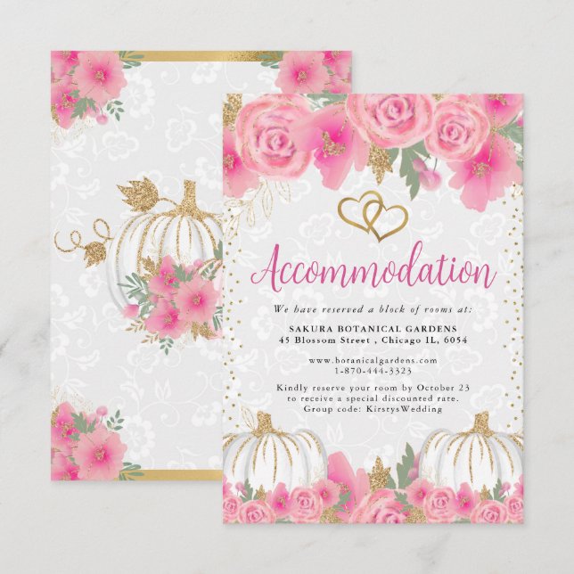 Pink Flowers and Pumpkins Wedding Accommodation Enclosure Card (Front/Back)