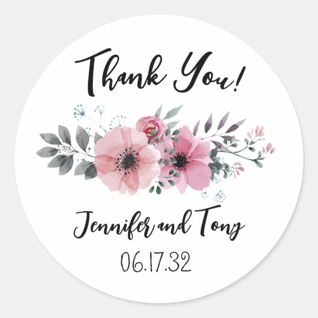 Pink Flowers and Rose Wedding Favor Sticker (Front)