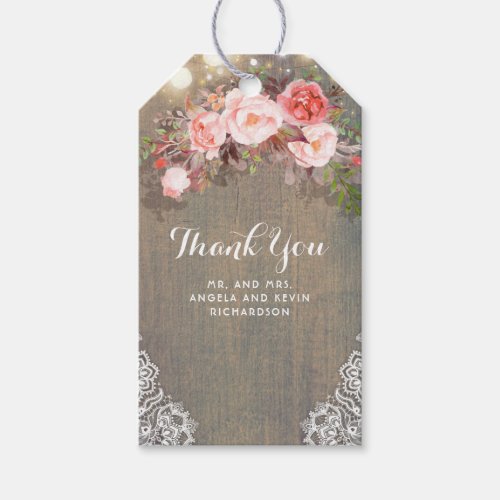 Pink Flowers and Rustic Wood Wedding Gift Tags