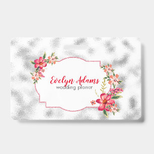 Pink Flowers And Silver Blurred Glass Badge