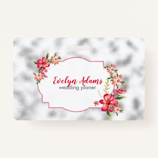 Pink Flowers And Silver Blurred Glass Badge (Back)