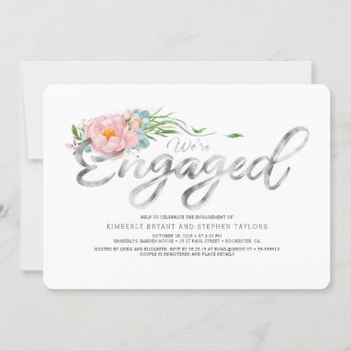 Pink Flowers and Silver Glitter Engagement Party Invitation