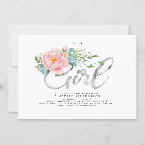 Pink Flowers and Silver Glitter Modern Baby Shower Invitation