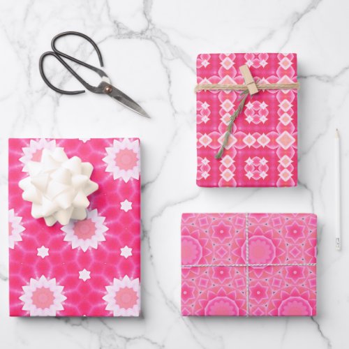 Pink flowers and stars baby girl pattern set wrapping paper sheets