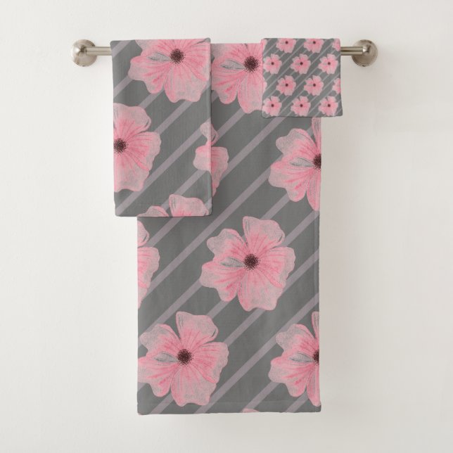 Pink Flowers And Stripes Bath Towel Set (Insitu)