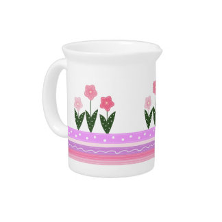 Pink Flowers and Stripes Drink Pitcher