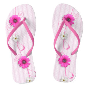 Pink Flowers And Stripes Flip Flops