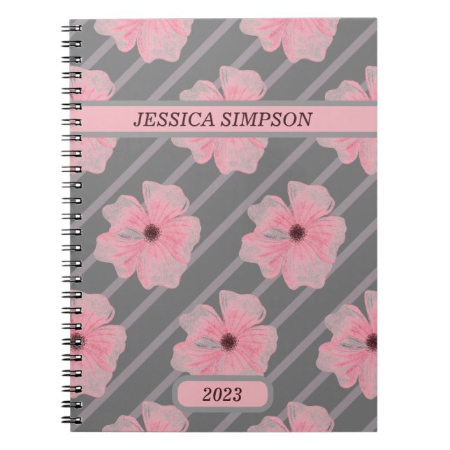 Pink Flowers And Stripes Personalized Notebook (Front)
