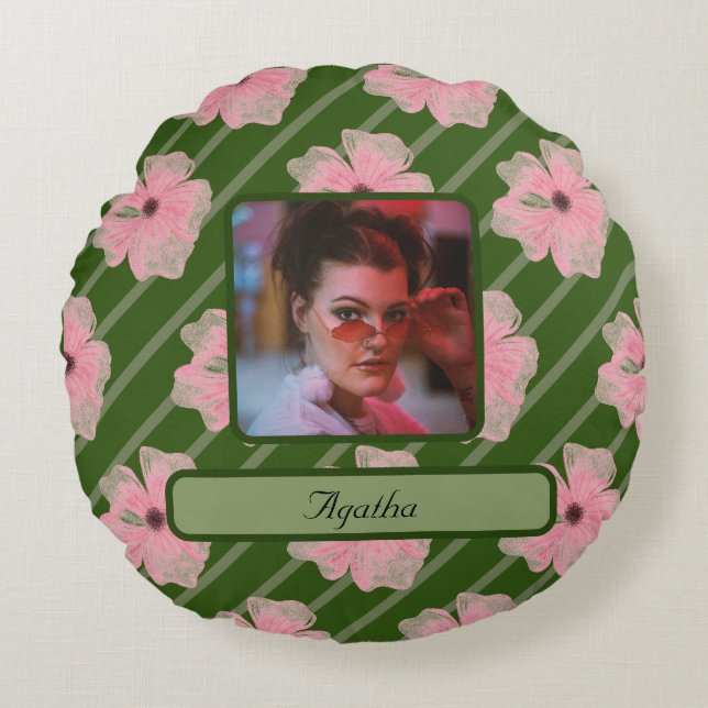 Pink Flowers And Stripes Personalized Round Pillow (Front)