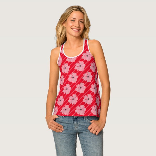 Pink Flowers And Stripes Tank Top (Front Full)