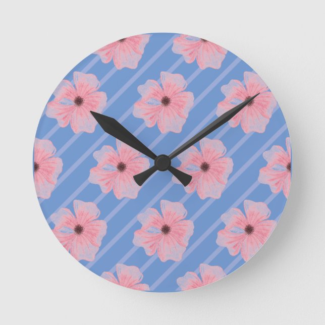 Pink Flowers And Stripes Wall Clock (Front)