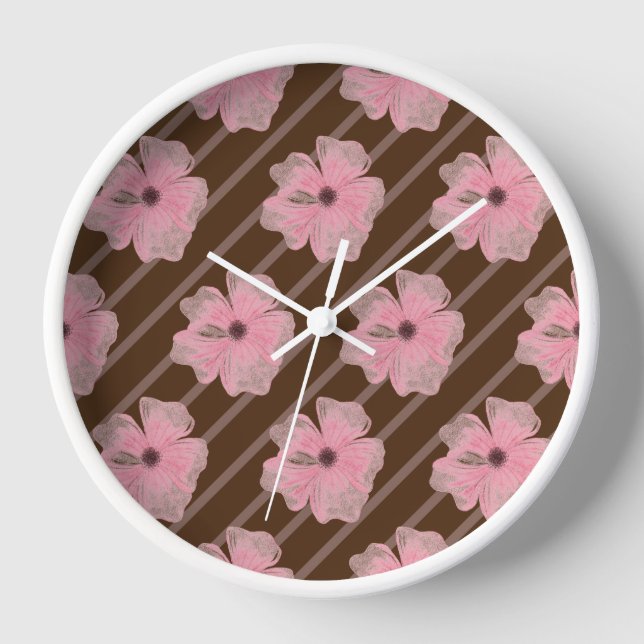 Pink Flowers And Stripes Wall Clock (Front)