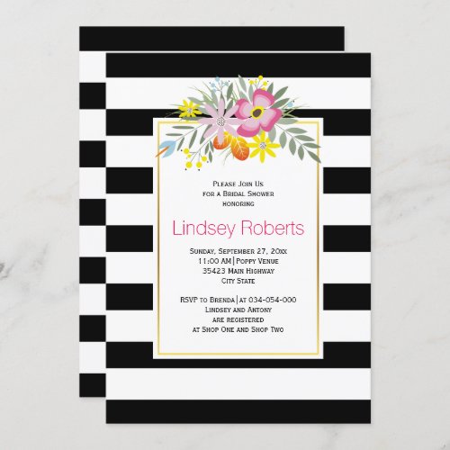 Pink flowers and stripes wedding bridal shower invitation