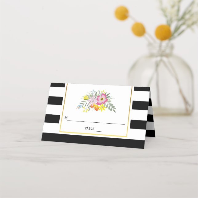 Pink flowers and stripes wedding folded escort place card (Front)