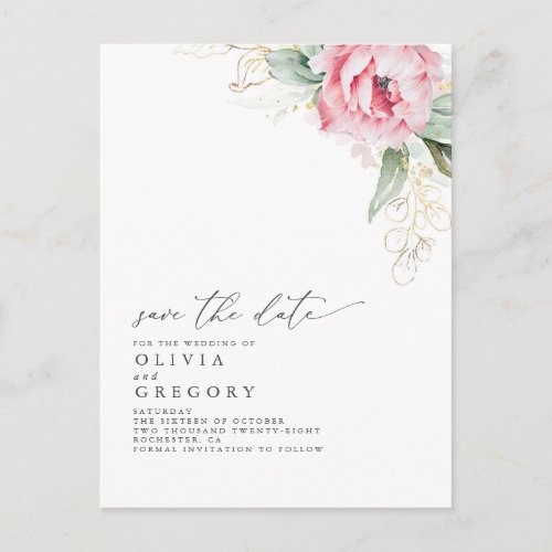 Pink Flowers and Succulents Elegant Save the Date Announcement Postcard