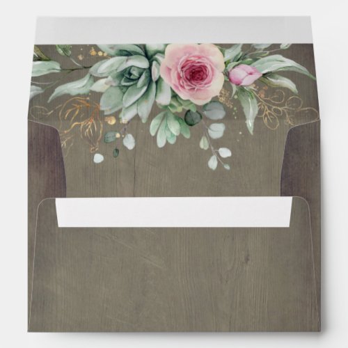 Pink Flowers and Succulents Rustic Wood Envelope