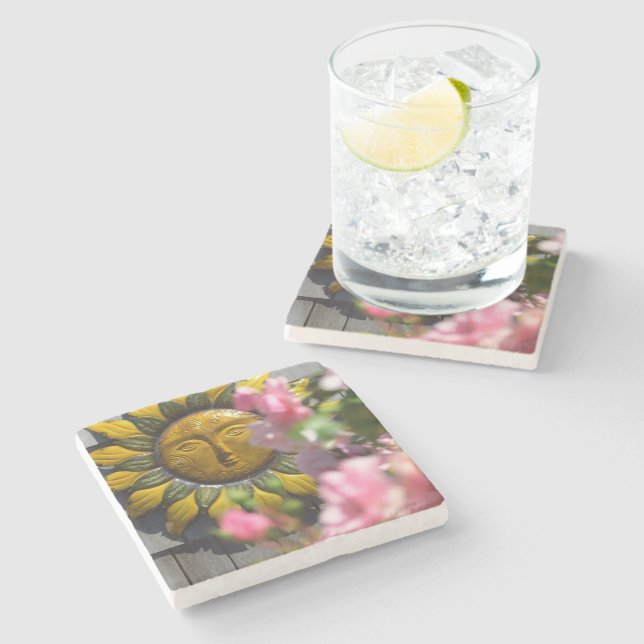Pink Flowers and Sun - Martha's Vineyard Stone Coaster (Side)