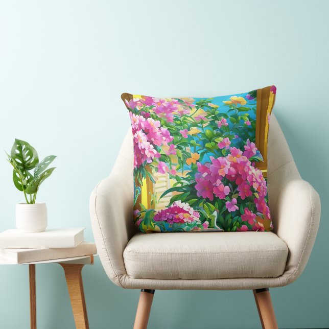 Pink Flowers and Tea Floral Throw Pillow (Chair)