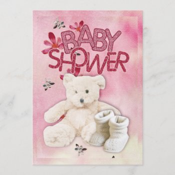 Pink Flowers And Teddybear Babyshower Invitation by RainbowCards at Zazzle