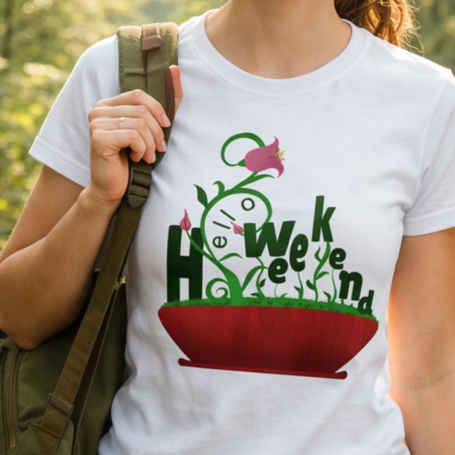 Pink Flowers And Vines Bold Text T-Shirt (Weekend vibes fantasy bloom with bold colors & flowers. Casual, cheerful, tee.)