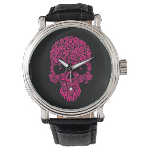 Pink Flowers and Vines Skull Design on Black Watch
