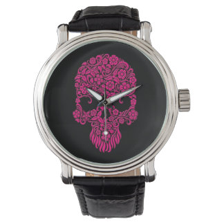 Pink Flowers and Vines Skull Design on Black Watch