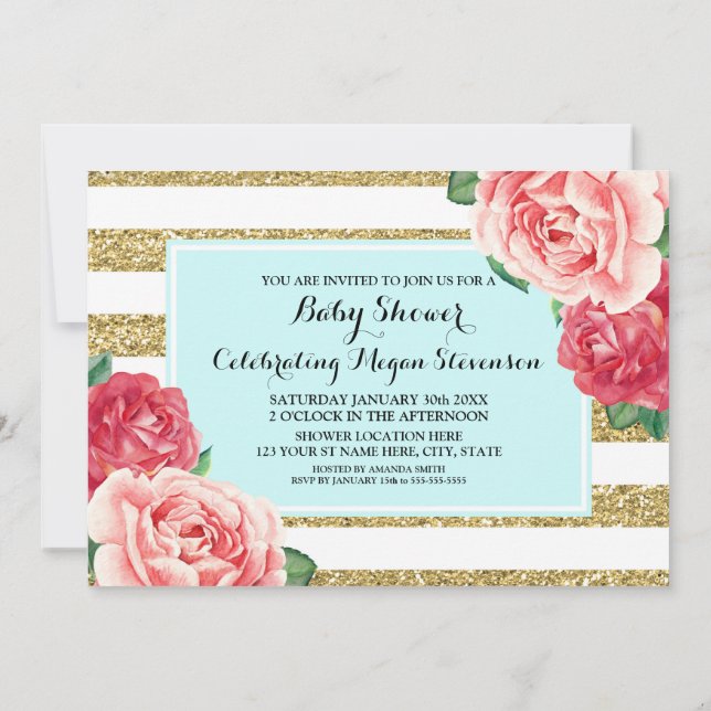 Pink Flowers Aqua Gold Stripes Baby Shower Invitation (Back)