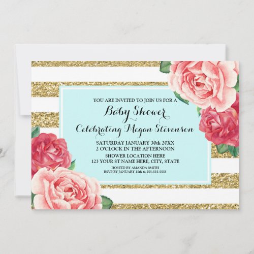 Pink Flowers Aqua Gold Stripes Baby Shower Invitation