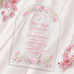 Pink Flowers Arch First Communion Acrylic Invitations