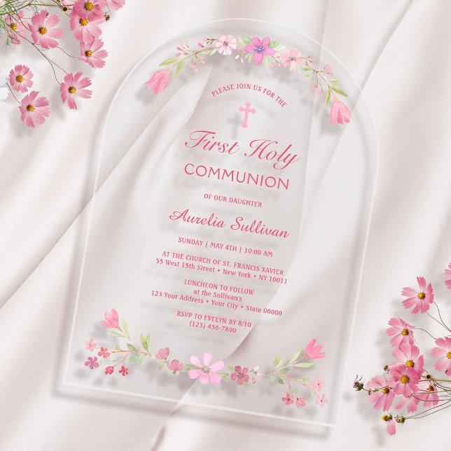 Pink Flowers Arch First Communion Acrylic Invitations (Creator Uploaded)