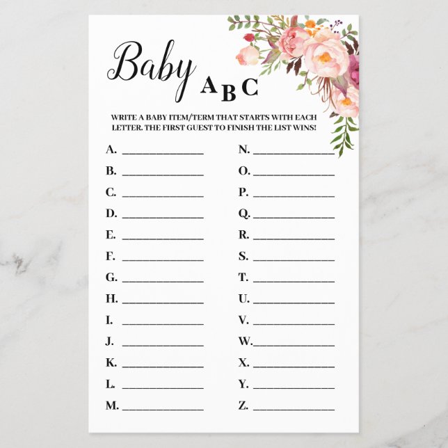 Pink Flowers Baby ABC Baby Shower Game Card Flyer (Front)