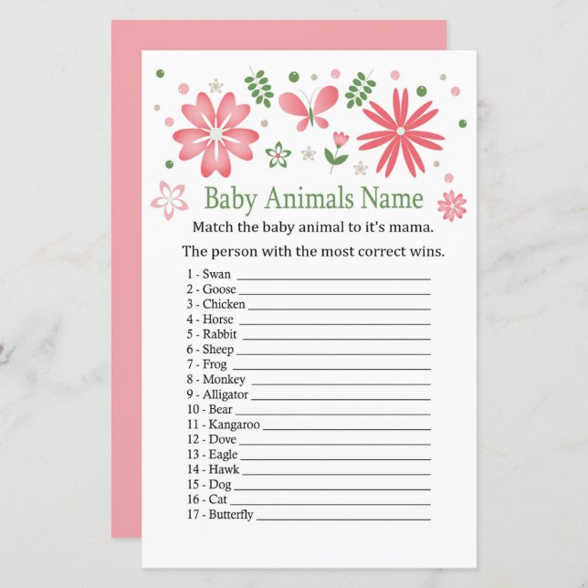 Pink Flowers Baby Animals Name Game (Front/Back)