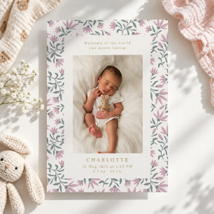 Pink flowers baby birth announcement card
