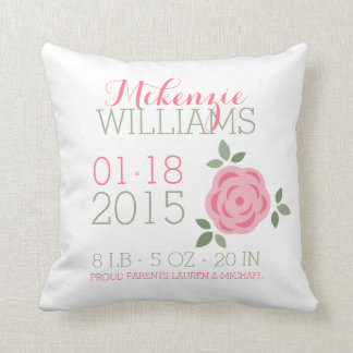 Pink Flowers Baby Birth Announcement Throw Pillow