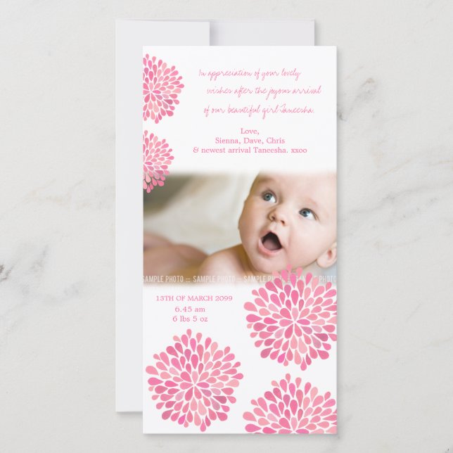 Pink Flowers Baby Birth Thank You Photo Card (Front)