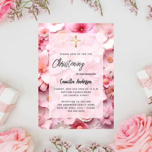 Pink flowers baby girl Christening Invitation