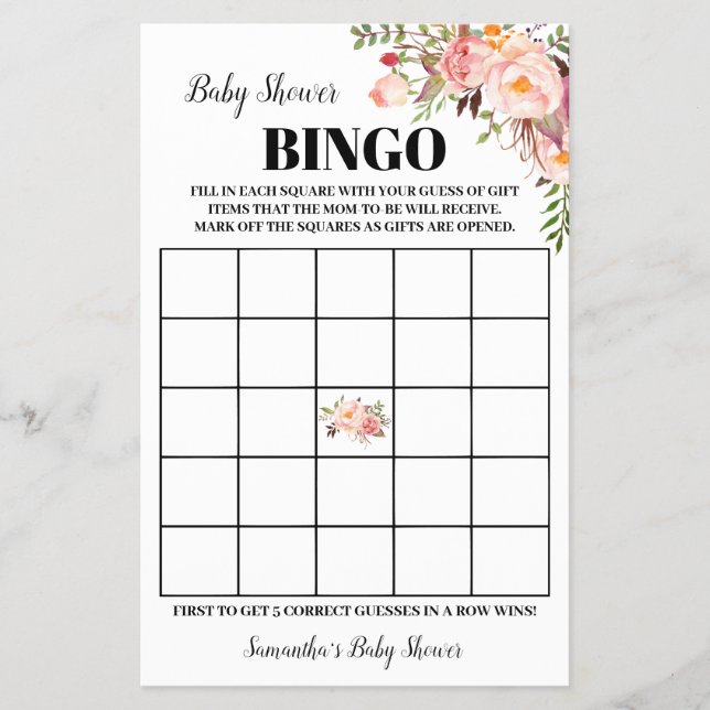 Pink Flowers Baby Shower Bingo Game Card Flyer (Front)